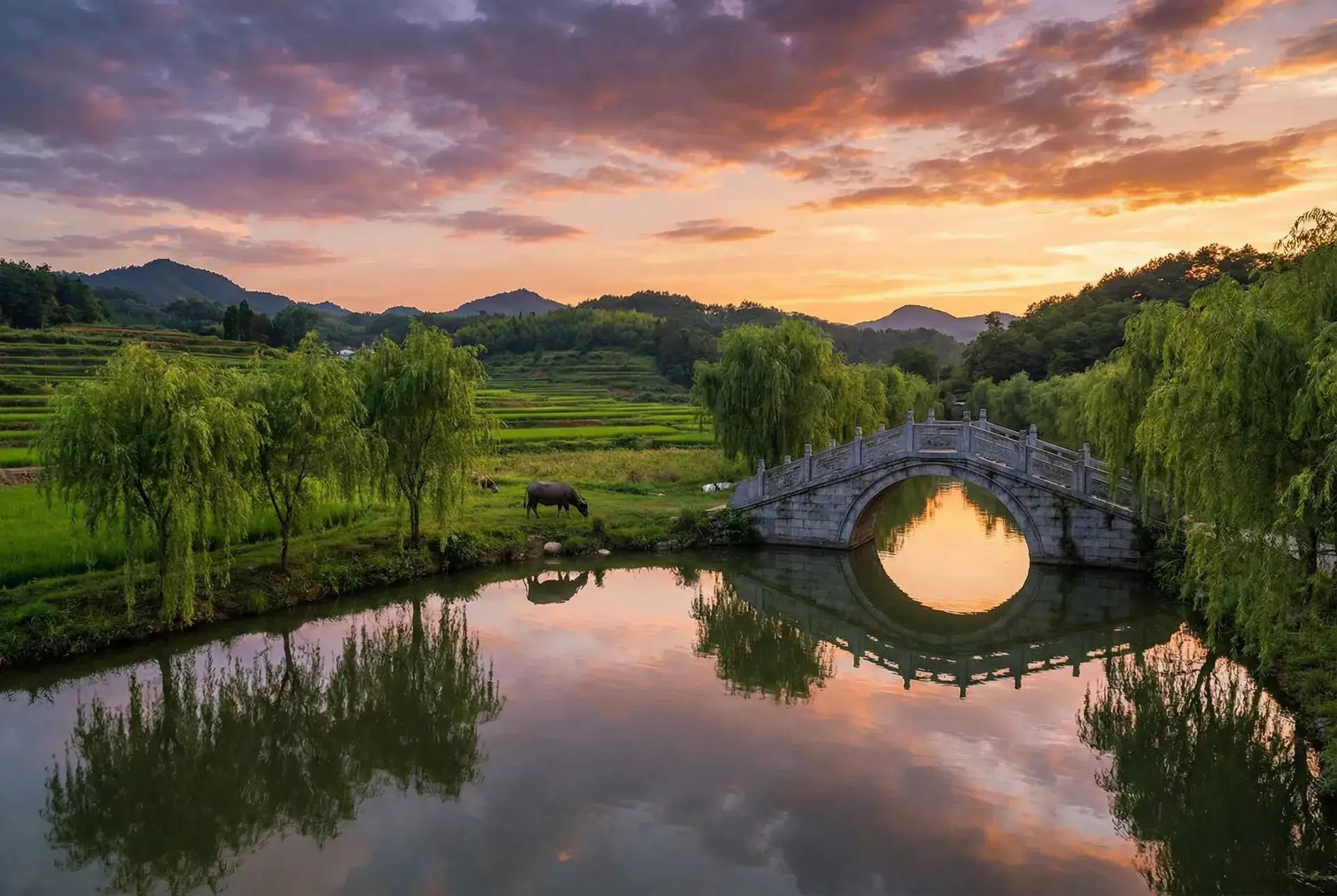夕阳下的石拱桥与垂柳，水牛在河边吃草 - 国色天香在线播放 乡村美景